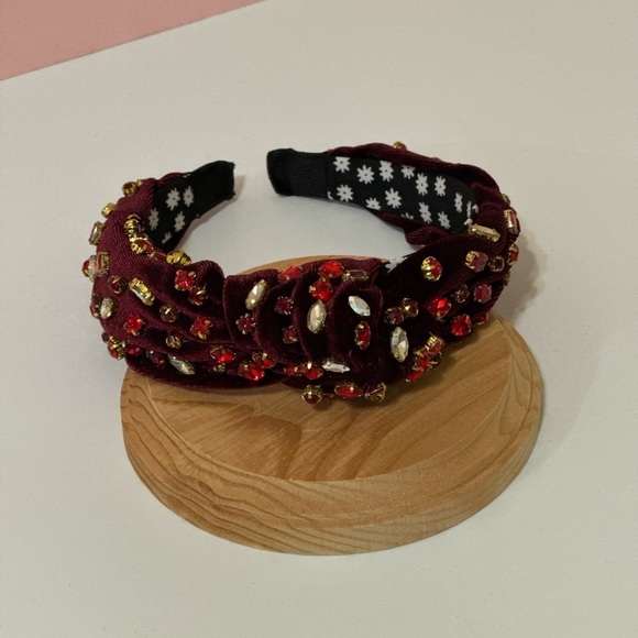 Red Rhinestone Burgundy Velvet Knot Headband - Picture 7 of 10